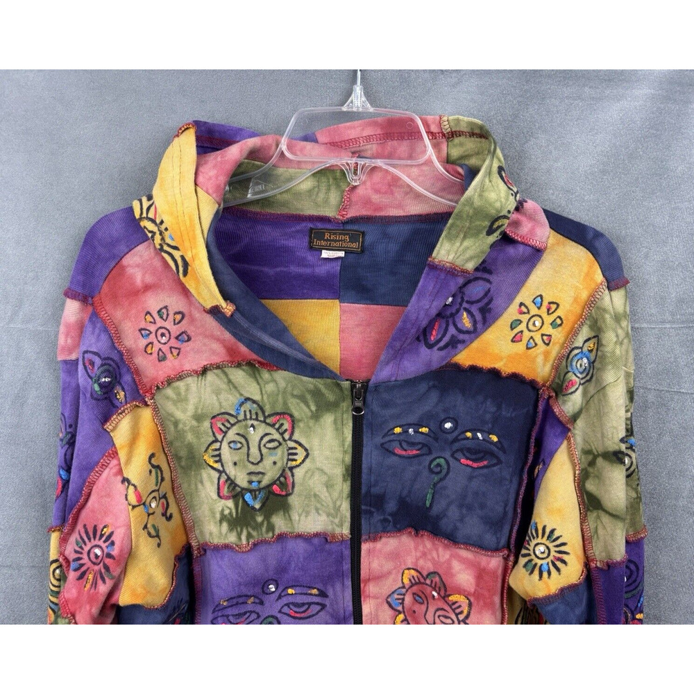 Rising International Patchwork Hoodie Jacket Womens Size L Hippie Boho Tie Dye - Picture 3 of 13